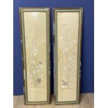 Pair of framed and glazed decorative Chinese silk panels, depicting birds and fauna, Condition: much