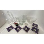 Qty of glassware including a pair of decanters with stoppers, flower vases etc.