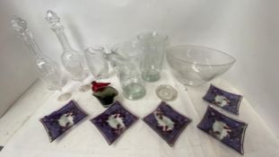 Qty of glassware including a pair of decanters with stoppers, flower vases etc.