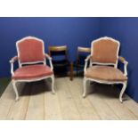 Pair of cream and pink arm chairs and other chairs, all with much wear