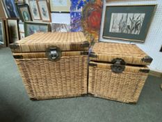 Two square wicker baskets with lids