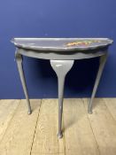 Small demi lune table, painted in grey and decorated with colourful lizards 74cm high x 74cm wide