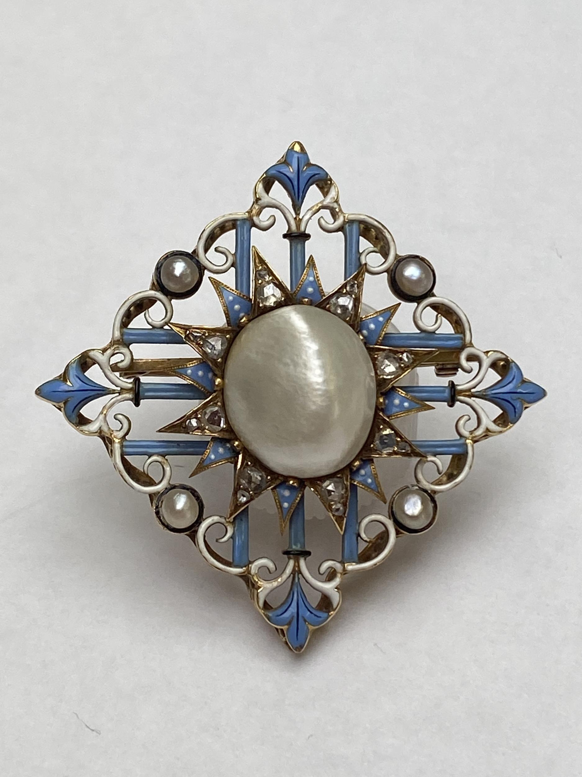 Late C19th blister pearl diamond and enamel brooch, by Carlo Giuliano. Marked CG to oval - Image 2 of 6