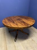 A fine quality Regency rosewood circular tilt top centre table, on quadruped base, inlaid with brass