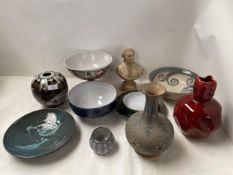 Qty of Studio pottery & small classical bust, Lambeth vases (named to base Silicon), etc