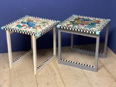 Pair of decorative painted bedside tables, illustrated with colourful fish 45cm x 45cm x 47cm high