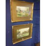 Pair of Watercolours, village landscapes with cattle, bears signature lower left, Rob H Walker,