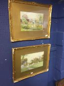 Pair of Watercolours, village landscapes with cattle, bears signature lower left, Rob H Walker,