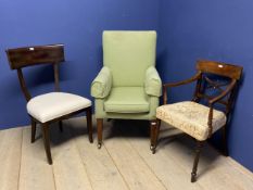 A green upholstered square framed arm chair on wooden legs to castors, and two other antique chairs
