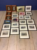 Qty of small framed & glazed prints including a set of coloured engravings of locations around the