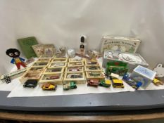 Qty of toys to include models of Days Gone by Ledo of cars, van etc, Rupert the Bear & Golliwog