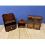 Church wardens pipe rack, a candle box and a small cabinet