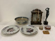 Qty of collectables including a Chiming cased mantel clock, 8 day movement, stamped Hamilton &