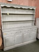 A light green painted pine kitchen dresser 183cm wide x 192cm high