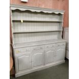 A light green painted pine kitchen dresser 183cm wide x 192cm high