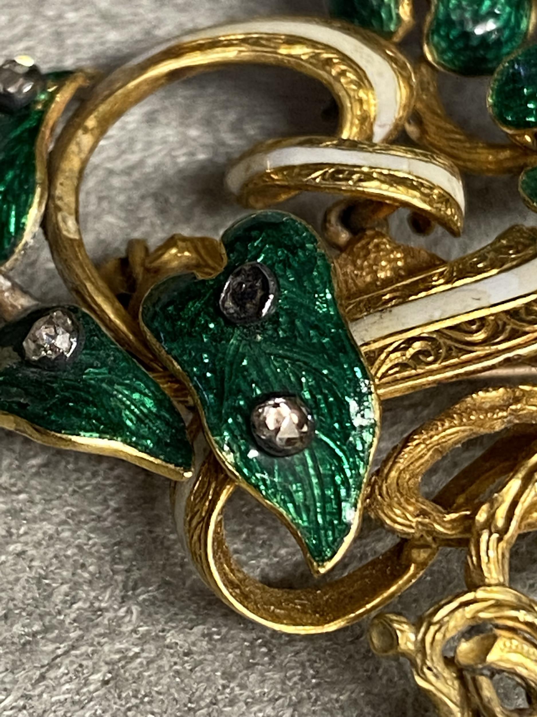 C19th, Unmarked yellow metal diamond and enamel seed pearl brooch, green enamel leaves with rose cut - Image 4 of 4