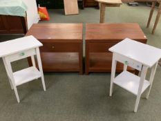 Pair of modern painted bedside tables, and a pair of faded red coloured two tiered bedside tables,