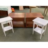 Pair of modern painted bedside tables, and a pair of faded red coloured two tiered bedside tables,