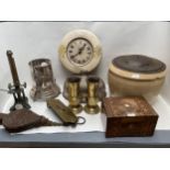 A general lot of miscellaneous collectables, including , a vintage bread bin, oil lamp, brass vases,