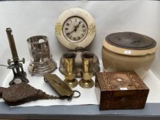 A general lot of miscellaneous collectables, including , a vintage bread bin, oil lamp, brass vases,