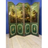 A decorative four panelled screen, with green painted back, and green leather front painted with