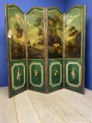 A decorative four panelled screen, with green painted back, and green leather front painted with