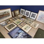 A quantity of framed and glazed pictures and prints, including after Anthony Gibbs, "Evening on
