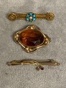 A turquoise and seed pearl bar brooch, and another yellow metal bar brooch and a paste set brooch