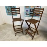 Pair of Teak garden folding chairs/stools, with foot rest