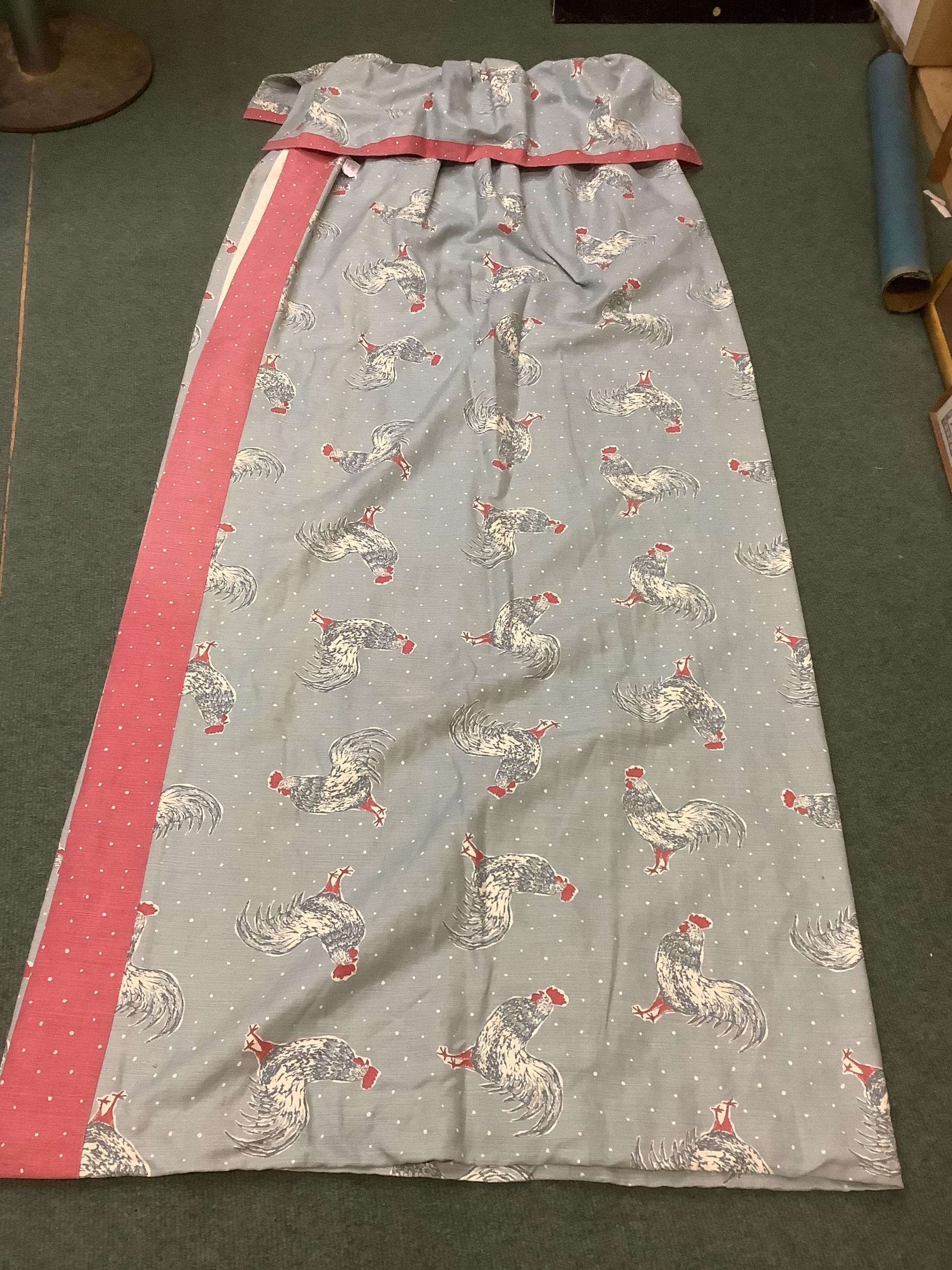Pair of lined and interlined curtains, grey blue fabric with all over Chicken design, red spot
