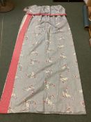 Pair of lined and interlined curtains, grey blue fabric with all over Chicken design, red spot