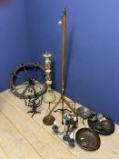 A large decorative Chandelier, various lighting, candle sconces and weighing scales with weights
