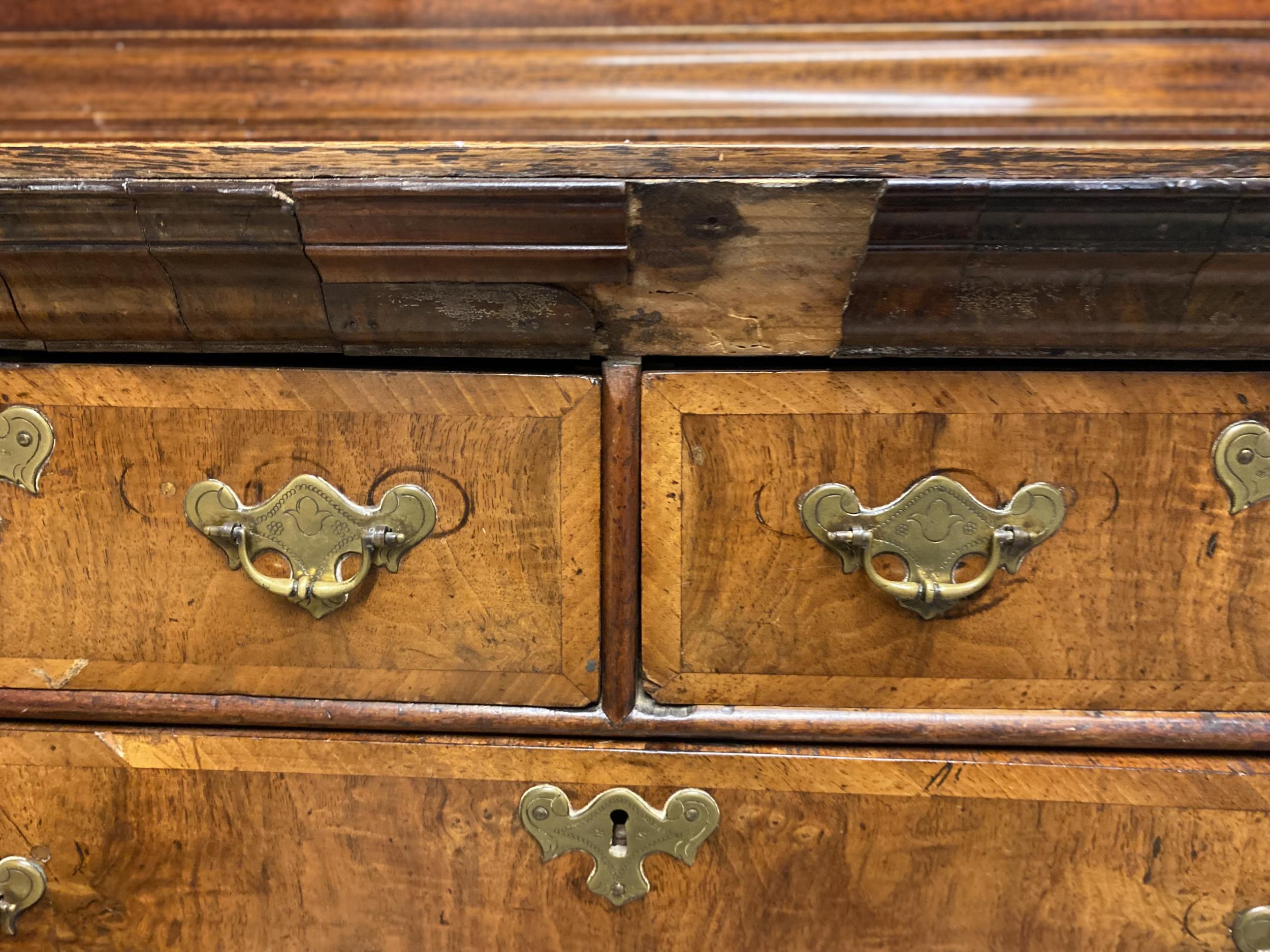 A George III feather banded walnut chest of 2 short over 3 long drawers, with an oak top, for - Image 5 of 12