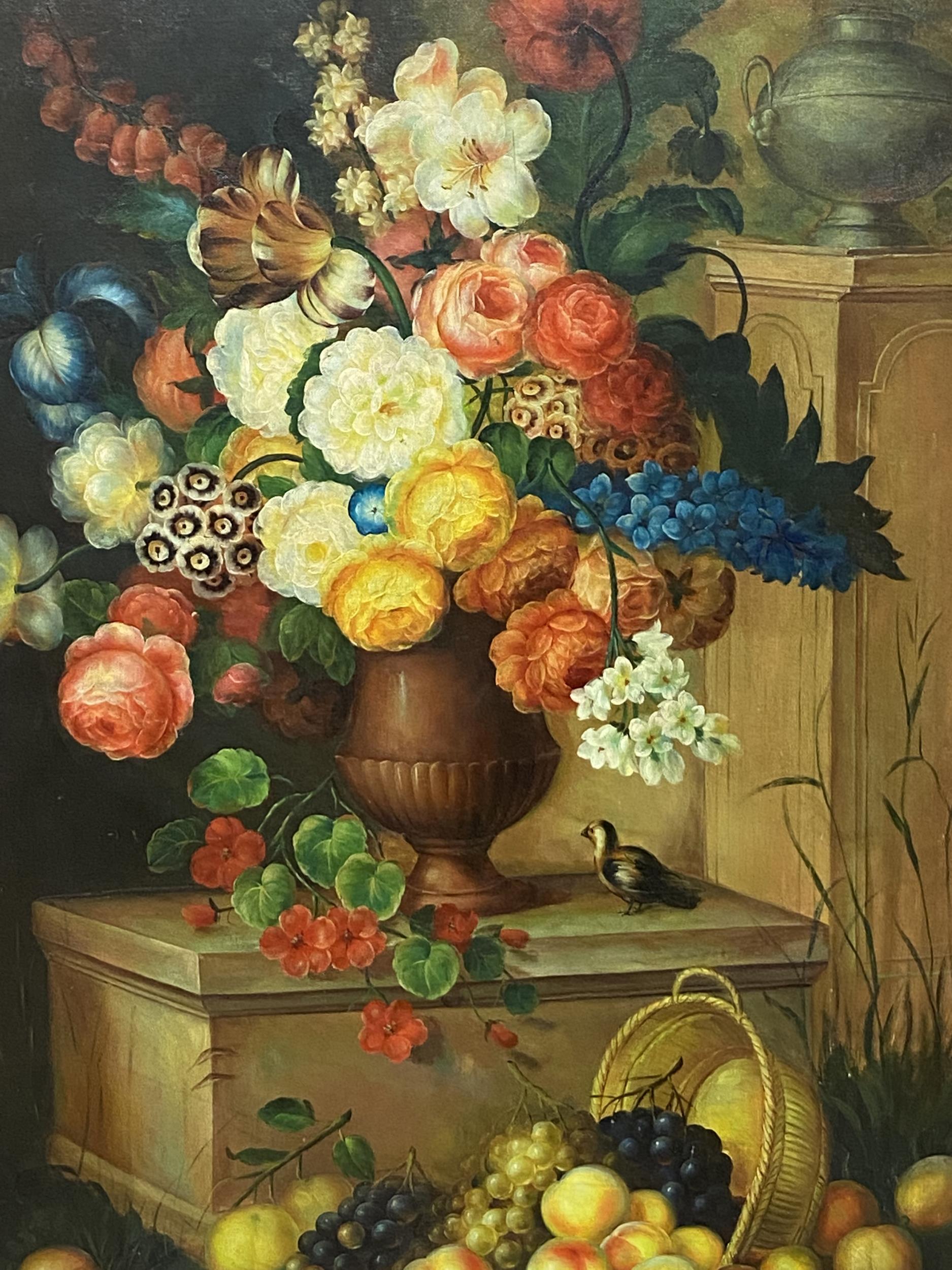 A large gilt frame oil on canvas decorative still life, modern, in good condition