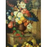 A large gilt frame oil on canvas decorative still life, modern, in good condition