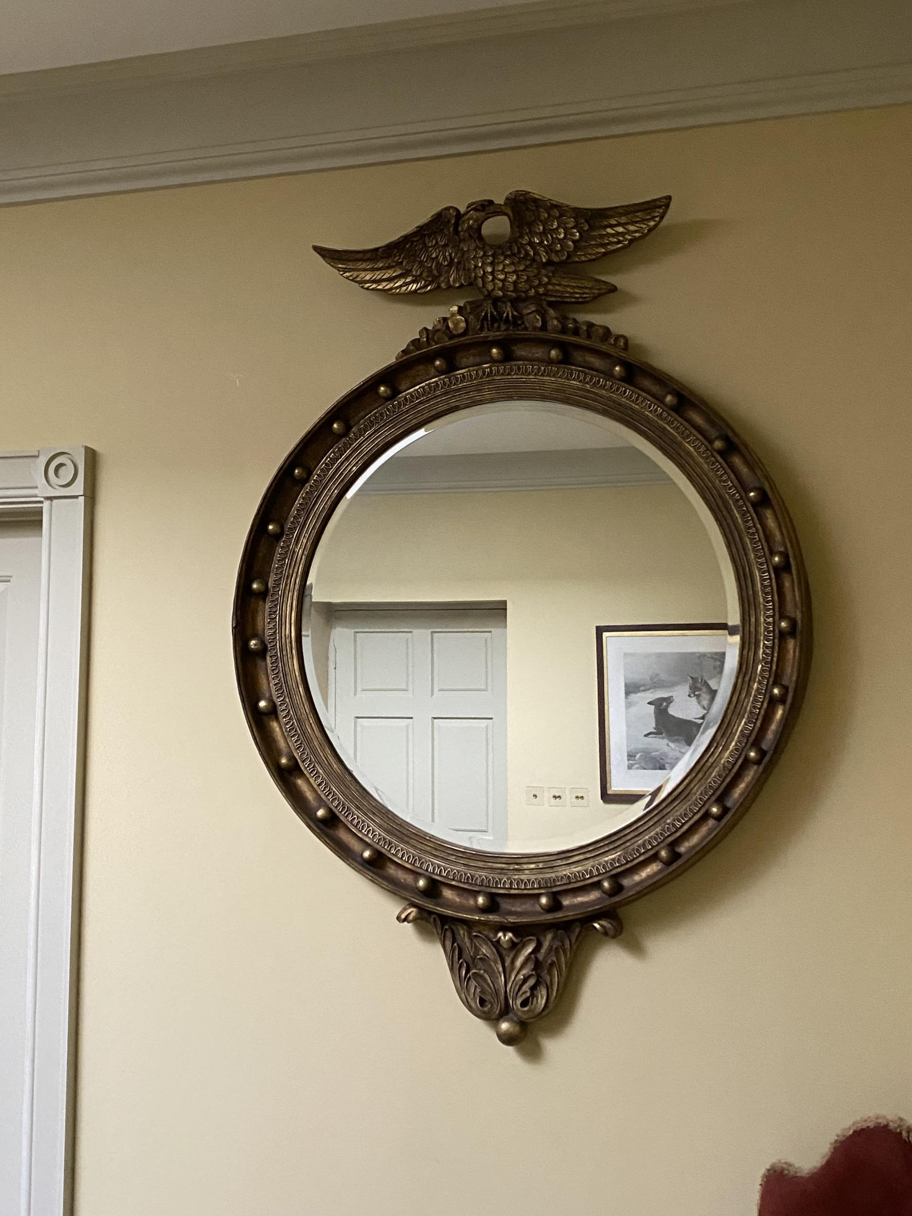 A pair of large handsome circular bevelled gilded wall mirrors, captain style, with ball decorations - Image 8 of 11