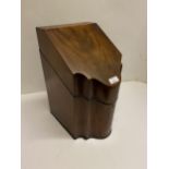 Geo III mahogany and satinwood inlaid box, originally a knive box, the opening lid revealing