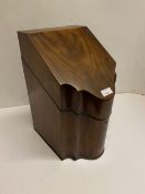 Geo III mahogany and satinwood inlaid box, originally a knive box, the opening lid revealing