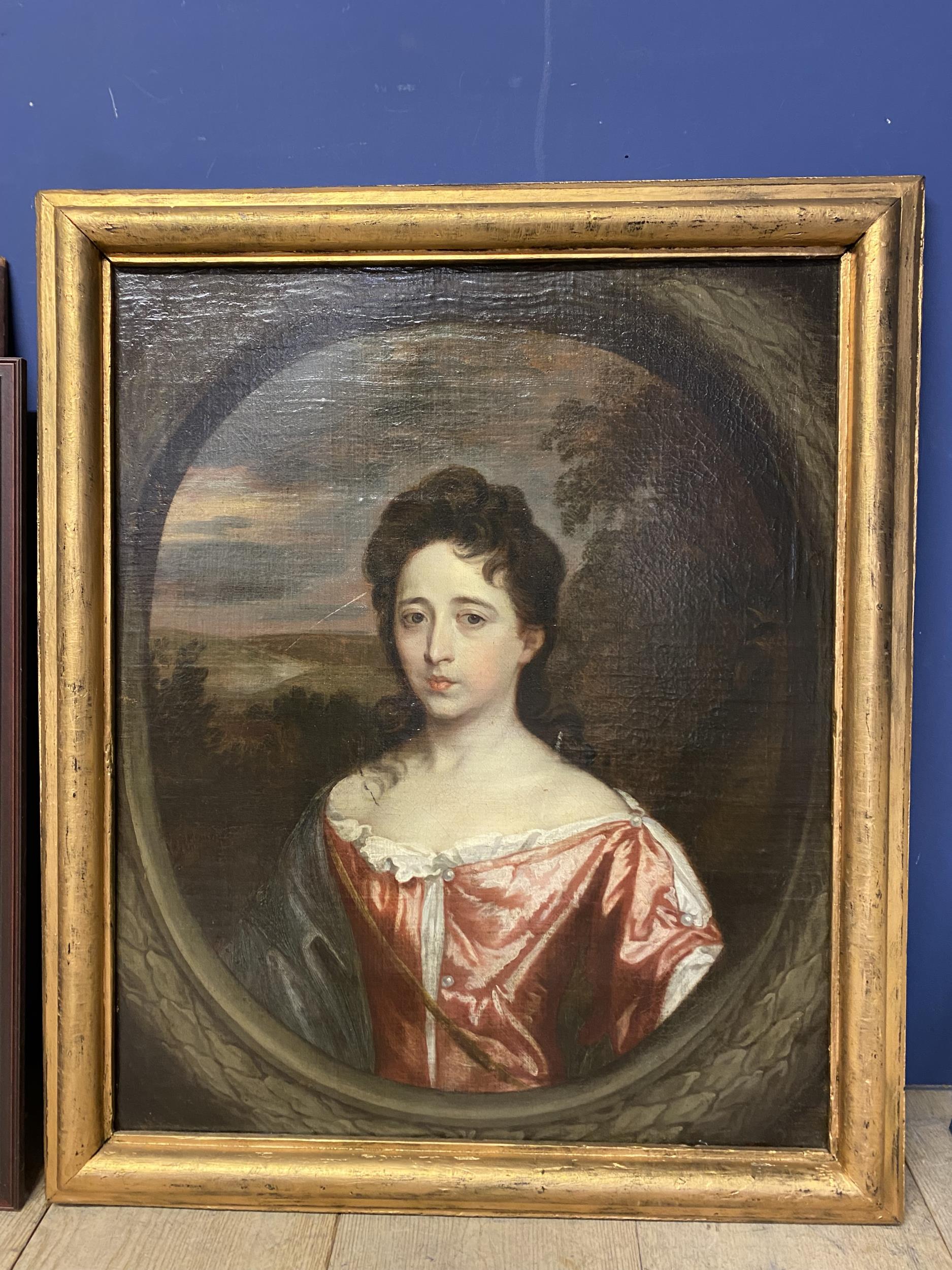 Oil on Canvas, portrait of a lady painted in an in oval mount, and set in gilt square frame, some - Image 2 of 3