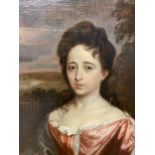 Oil on Canvas, portrait of a lady painted in an in oval mount, and set in gilt square frame, some
