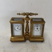 Small double brass carriage clock set one as a clock, the other as a barometer. 10.5 cm H
