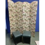 4 panelled screen, upholstered in coaching scene fabric (some wear to fabric) and 2 green faux