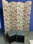 4 panelled screen, upholstered in coaching scene fabric (some wear to fabric) and 2 green faux