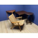 Wicker arm chair, a folding card table, occasional table and small console table; all in used