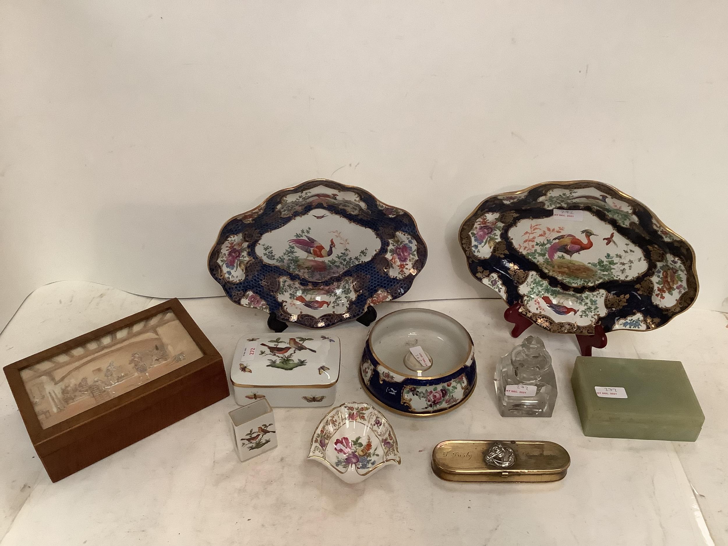 Quantity of China, to include pair of open dishes Booths Pheasant pattern , green onyx box, a wooden