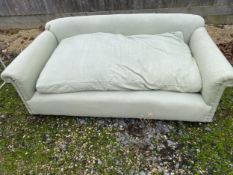 Two upholstered two seater sofas, as found in used condition, some stains and wear