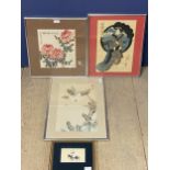 Quantity of Asian style pictures of fauna and fauna, with calligraphy, and a hand painted pictures
