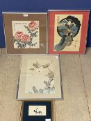 Quantity of Asian style pictures of fauna and fauna, with calligraphy, and a hand painted pictures