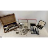 Hallmarked silver cased set of fish knives and forks and other silver plated items and flat ware,