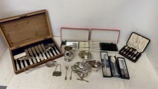 Hallmarked silver cased set of fish knives and forks and other silver plated items and flat ware,